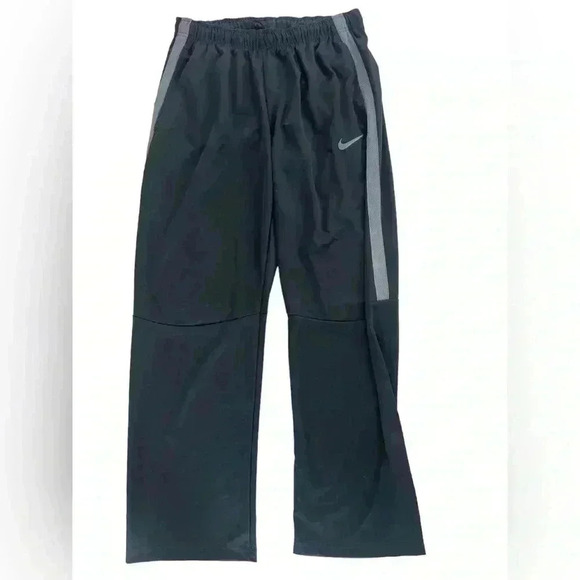 Nike Track Pants Mens Black Straight Leg Gray Swoosh Logo Pockets Drawstrings - Picture 1 of 5